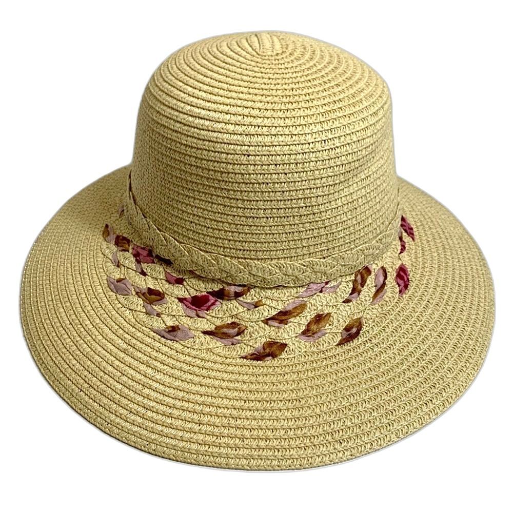 Arianna By Howard’s Tan Straw Sunhat Woven Pink Ribbon Back Bow Size 58cm